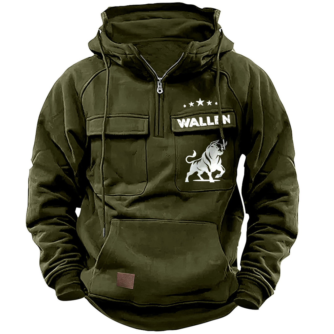 Herren nan Kapuzenpullover mit Halbzip, Cargo-Brusttaschen und Kängurutasche Drune