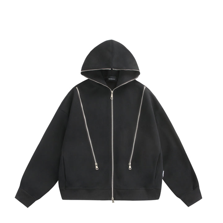 Unisex Kapuzen-Sweatjacke mit Doppelreißverschluss und Ziernaht-Panel Drune