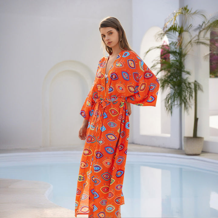 Damen Langer Kaftan‑Kimono mit Taillengürtel, V‑Ausschnitt & grafischem Augenprint Drune