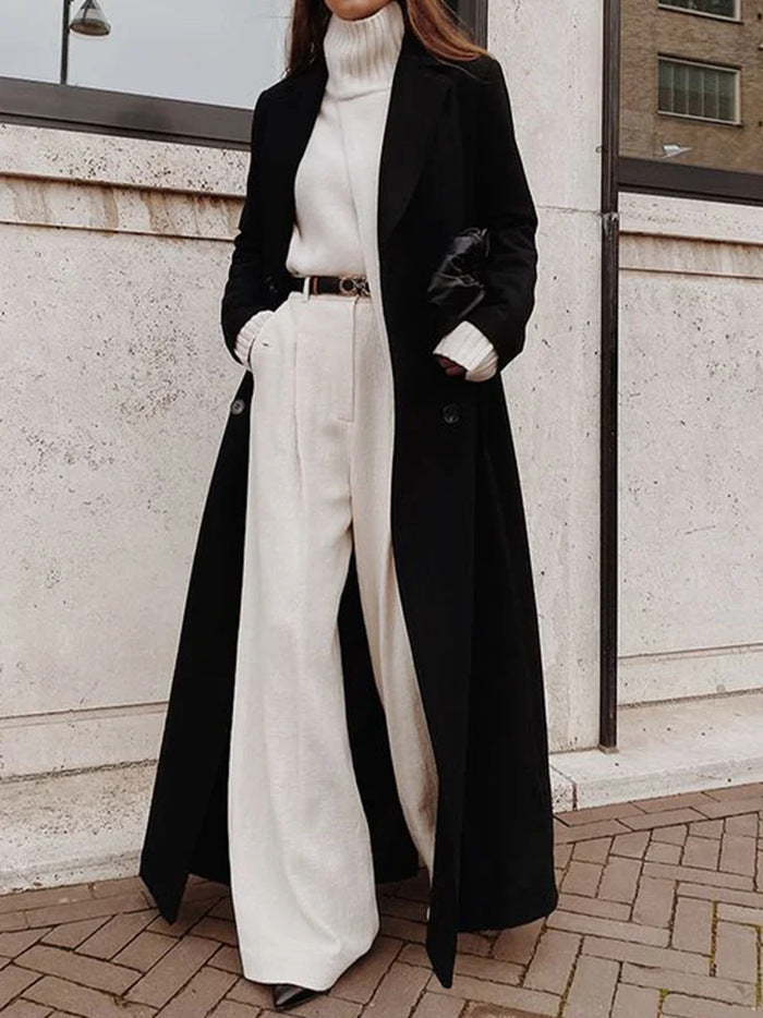 Damen Eleganter Oversized Wolle-Mantel mit schmalem Gürtel Drune