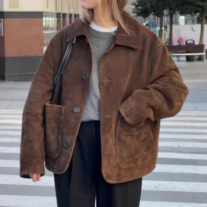 Damen Oversized Teddyjacke mit Knopfverschluss und großen Taschen Drune
