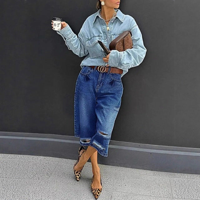 Damen Hochtaillierte Denim-Culotte mit Destroyed-Einsätzen und rohem Saum Drune