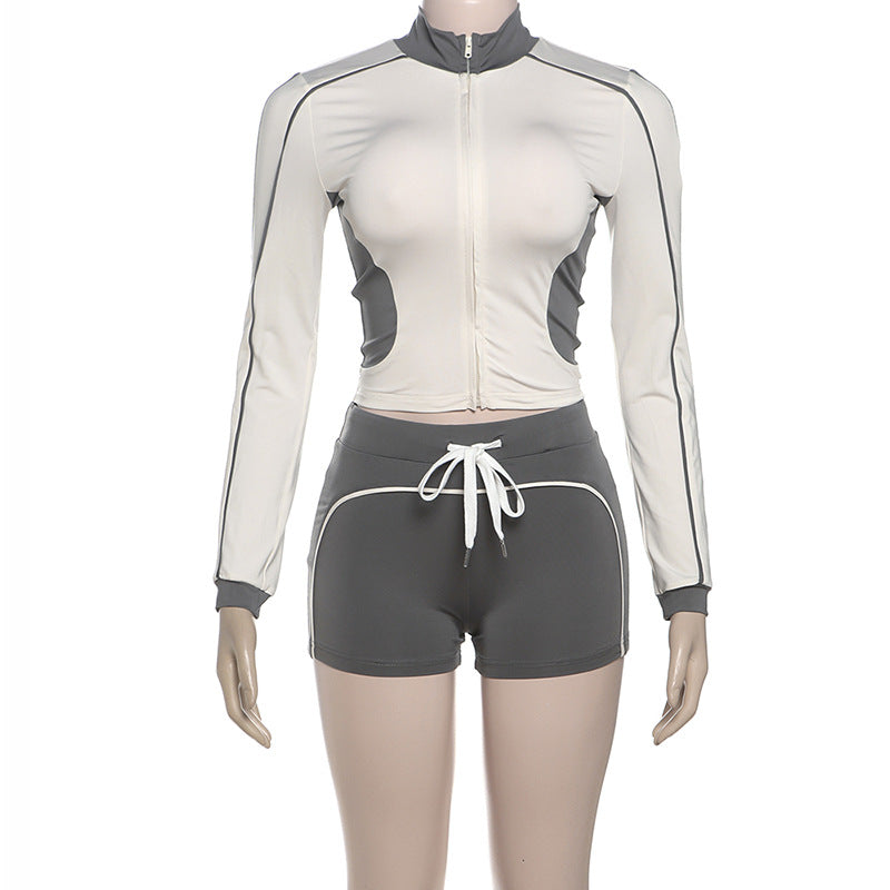 Damen Sportliches Kurzarm-Set mit Reißverschluss und Shorts Drune