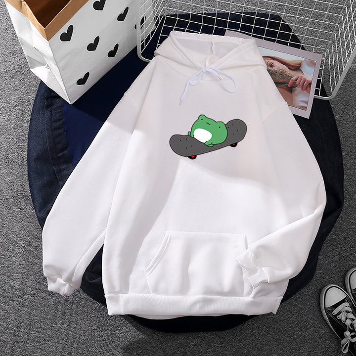 Unisex nan Kapuzenpullover mit Skater-Frosch-Print, weichem Fleece-Innenfutter und Kängurutasche Drune
