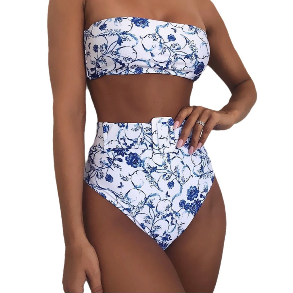 Damen Hoch tailliertes Bandeau-Bikini-Set mit modischem Leopardenmuster Drune