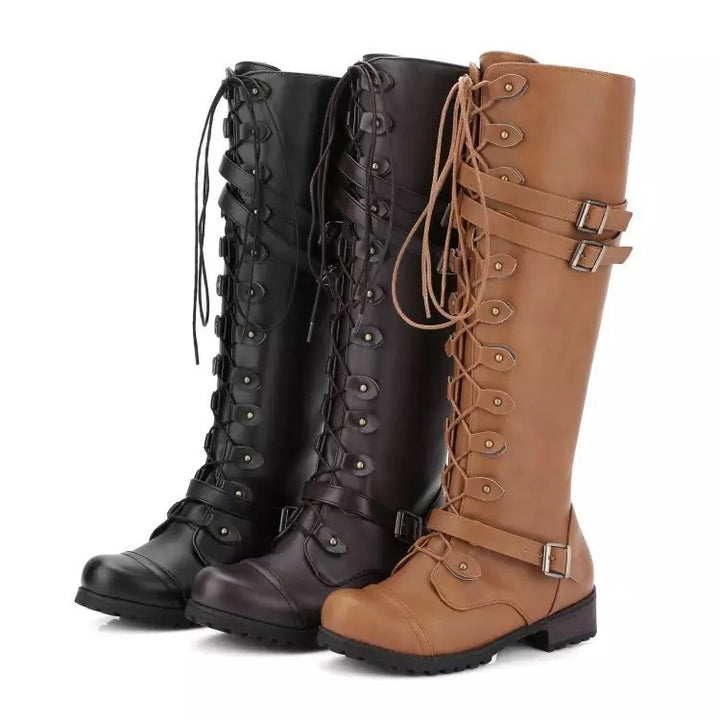Damen Kniehohe Schnürstiefel mit verstellbaren Zierschnallen und robuster Profilsohle Drune