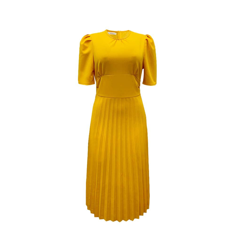 Damen Plissee Kleid mit elegantem Kragen und zeitlosen Puffärmeln Drune