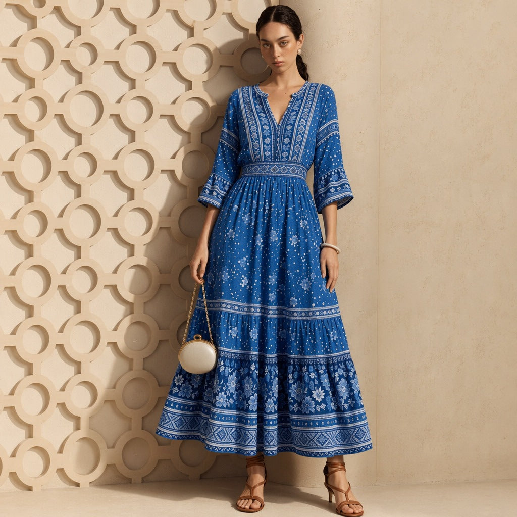 Damen langes Boho-Maxi-Kleid mit V-Ausschnitt geraffter Taille und mehrlagigem Stufenrock Drune