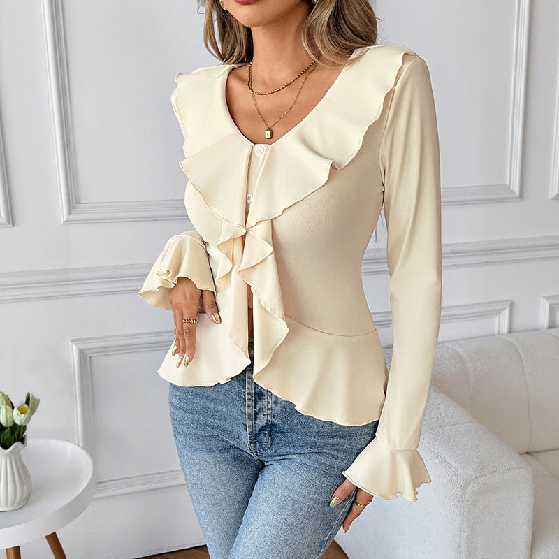 Damen Chiffon-Volantbluse mit Knopfleiste, Tailliertem Schößchen und Rüschenkragen Drune