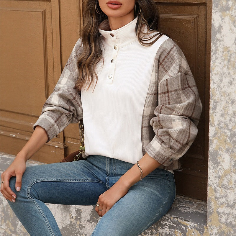 Damen Modische Oversized Bluse mit Karo-Details Drune
