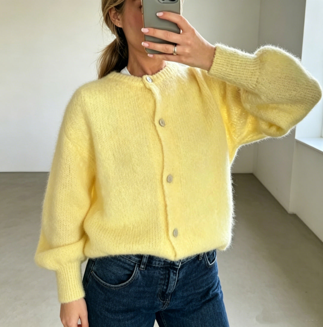 Damen Kuschelige Mohair-Optik Strickjacke mit Rundhals und Ballonärmeln Drune