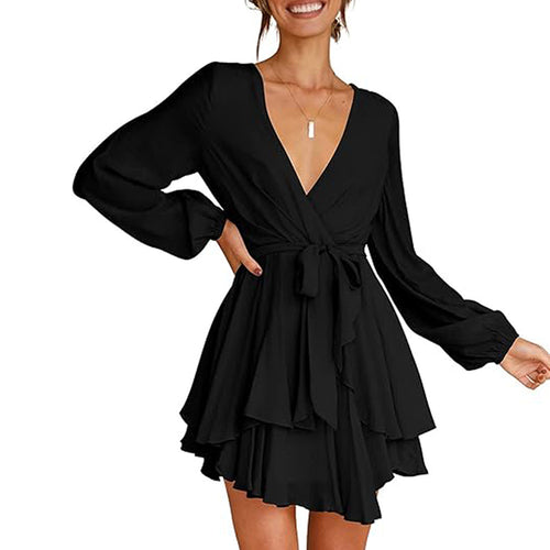 Damen gerafftes Wickelkleid mit tiefem V-Ausschnitt stufigem Volantrock und Bindegürtel Drune