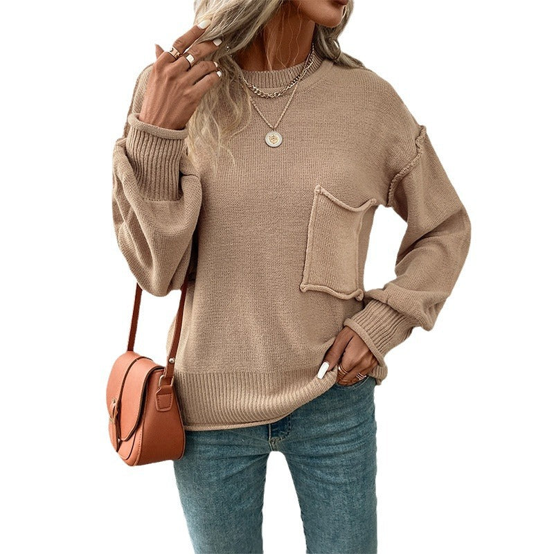 Damen Lässiger Strickpullover mit aufgesetzter Tasche Drune