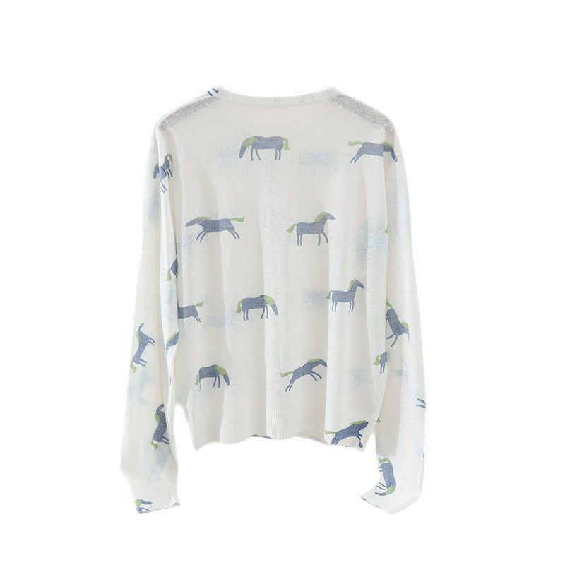 Damen Fein gestrickter Knopfcardigan mit Pferde-Print und Rundhalsausschnitt Drune