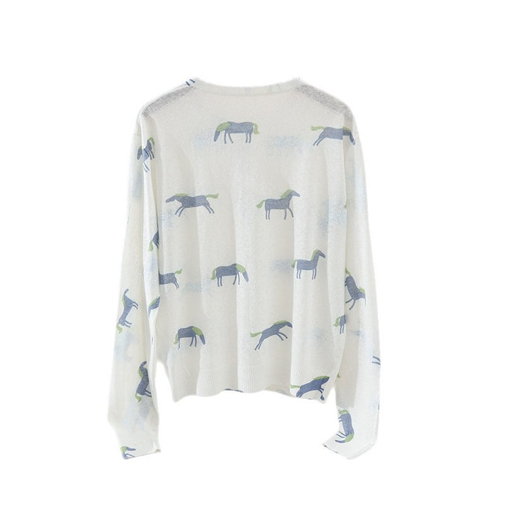 Damen Fein gestrickter Knopfcardigan mit Pferde-Print und Rundhalsausschnitt Drune