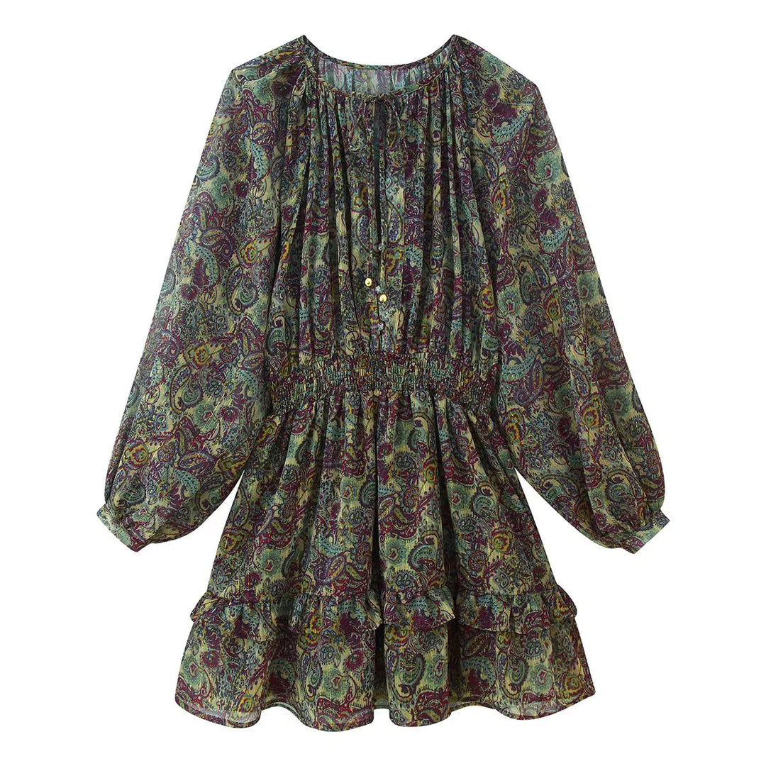 Damen nan gerafftes Paisley-Minikleid mit Smok-Taille, Volantstufen und Ballonärmeln Drune