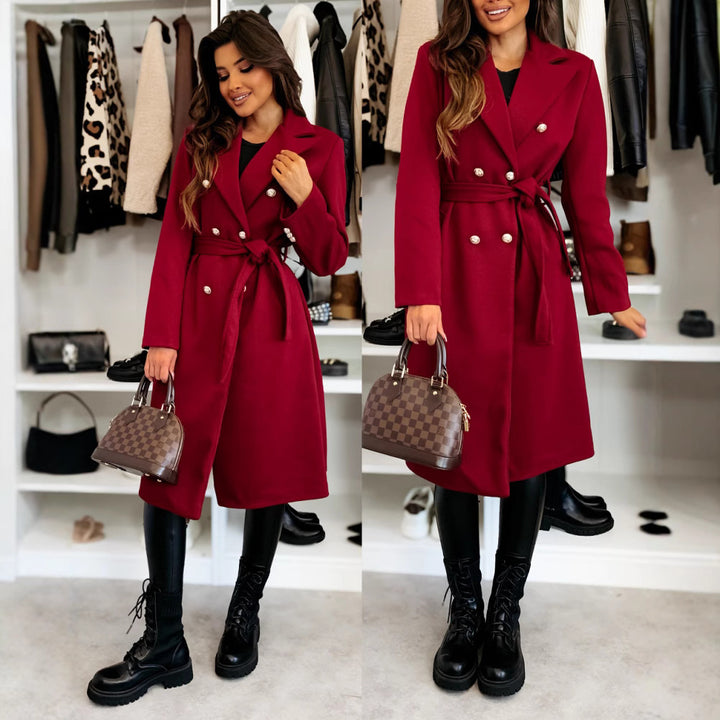 Damen eleganter Knielanger Trenchcoat mit Gürtel und doppelter Knopfleiste Drune