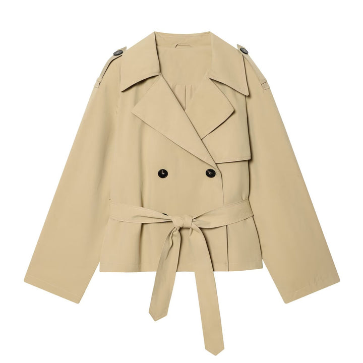 Damen Kurz geschnittener Trenchcoat mit Taillengürtel und Schulterklappen Drune