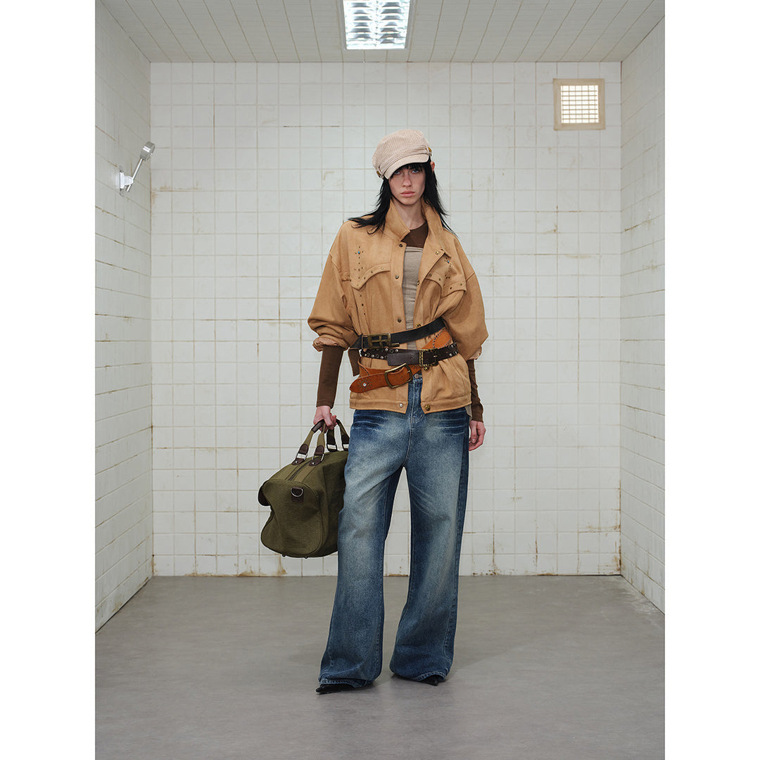 Damen Kurz geschnittene Wildleder‑Optik Blousonjacke mit Western‑Yoke und Nietenapplikation Drune
