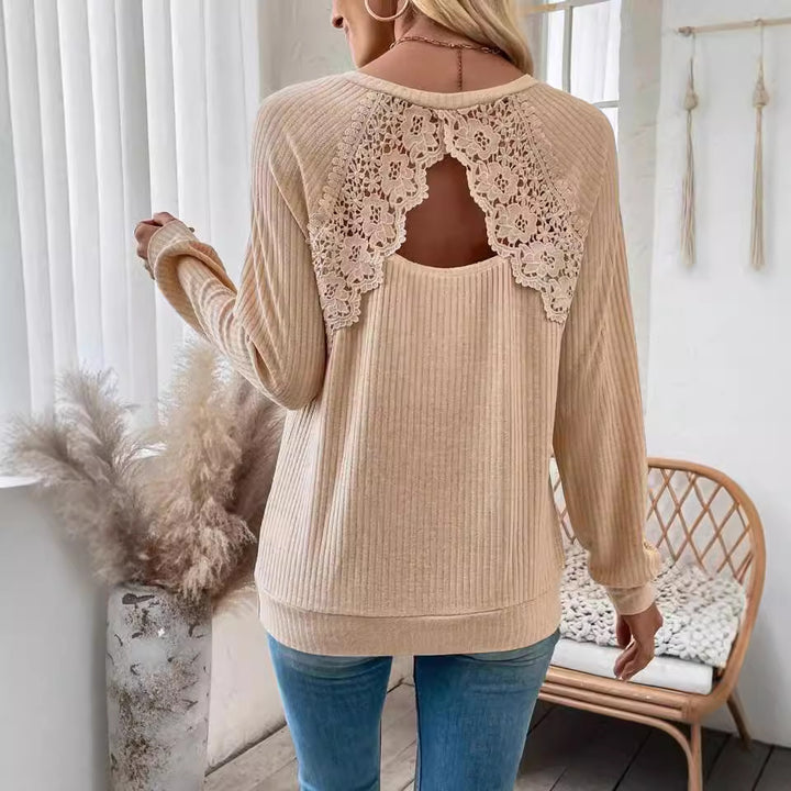 Damen nan Rippenstrick-Langarmshirt mit floraler Spitzenapplikation und markantem Rückenausschnitt Drune