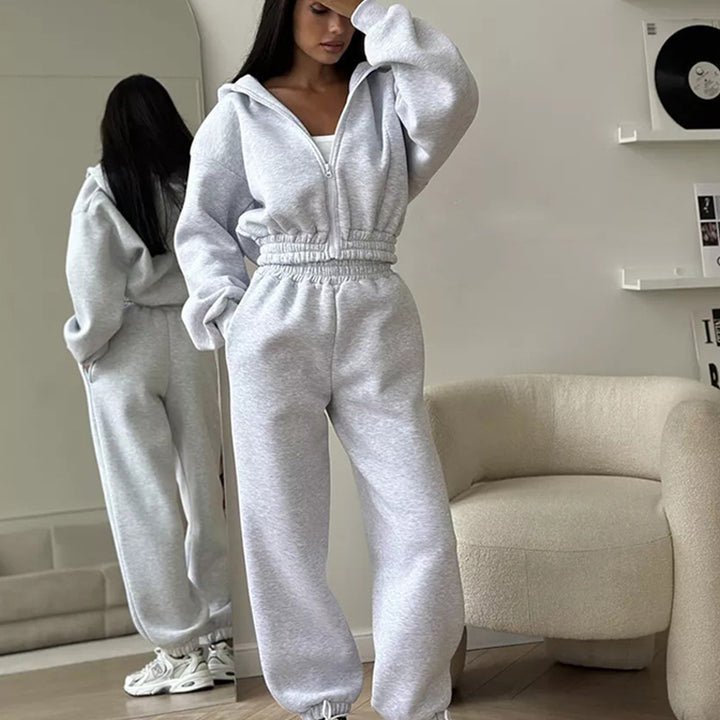 Damen Taillierter Zip-Overall im Loungewear-Stil mit Kapuze, Balloonärmeln und hoher Bundkante Drune