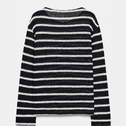 Damen Gestreifter Feinstrickpullover mit Rückknöpfung und U‑Boot‑Ausschnitt Drune