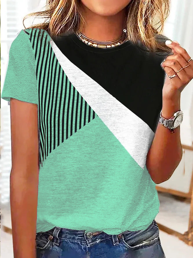 Damen Farbblock Langarmshirt mit schrägem Streifenmuster und Rundhalsausschnitt Drune