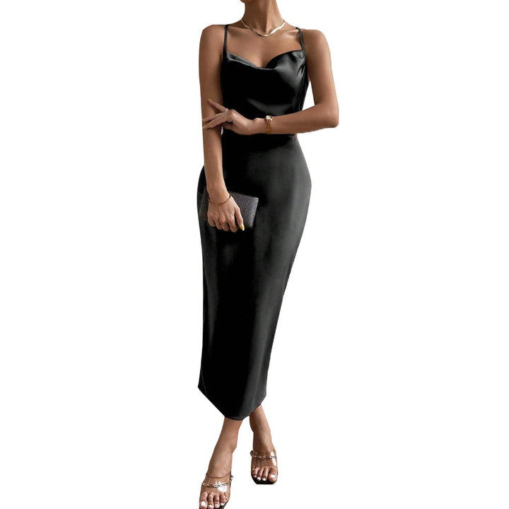 Damen Elegantes Satin-Maxikleid mit schickem V-Ausschnitt und feinen Trägern Drune