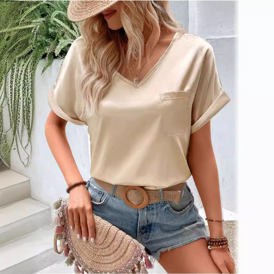 Damen Satin V-Ausschnitt T-Shirt mit Brusttasche und Lässigem Schnitt Drune