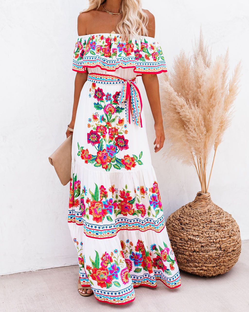 Damen Off-Shoulder Sommerkleid mit floralem Volant Drune