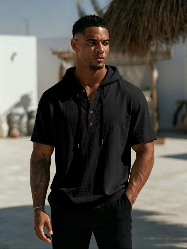 Herren Kurzarm-Hoodie-Henley aus Leinenoptik mit Knopfleiste Drune