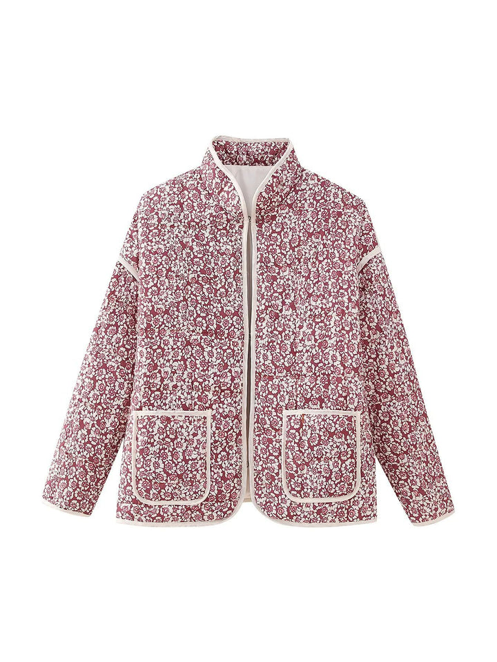 Damen nan gesteppte Blumenjacke mit Stehkragen Reißverschluss und aufgesetzten Taschen Drune