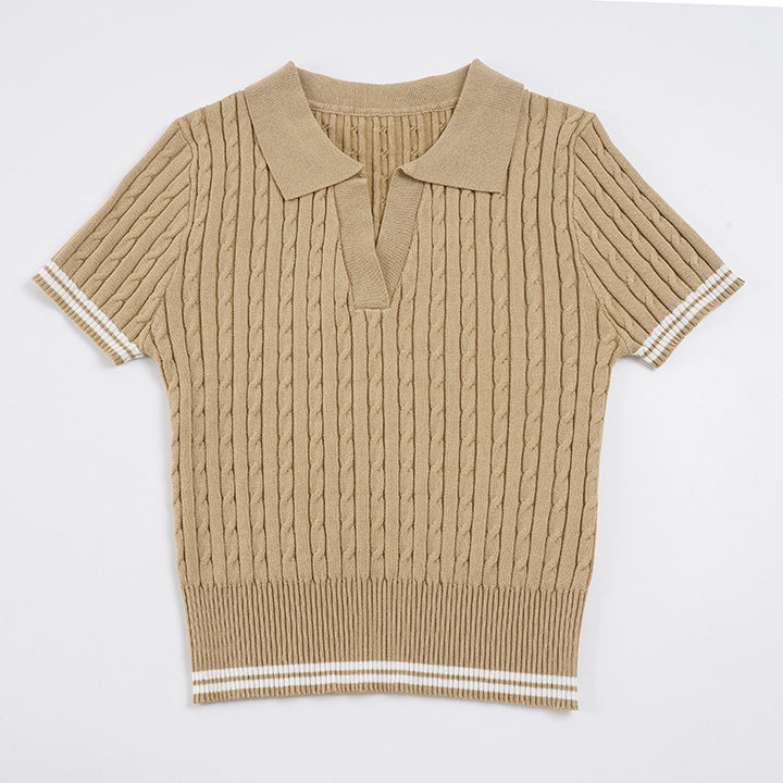 Damen Kurzarm-Polooberteil mit elegantem Kabelstrickdesign Drune
