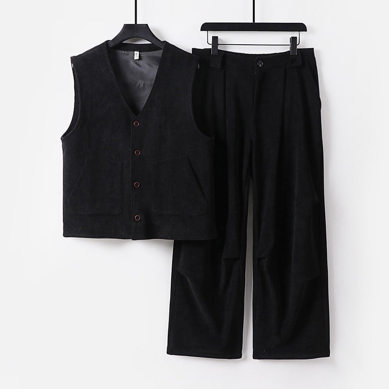 Herren Cord-Loungewear-Set mit V-Ausschnitt Weste und weiten Bundfaltenhose Drune