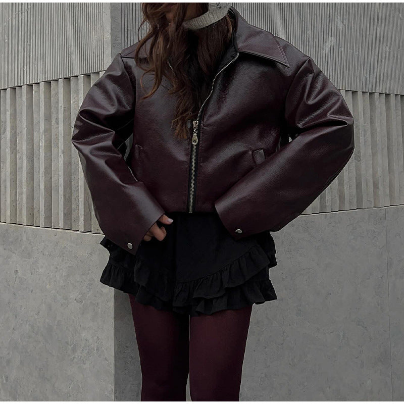 Damen modische Kunstlederjacke mit weitem Schnitt Drune