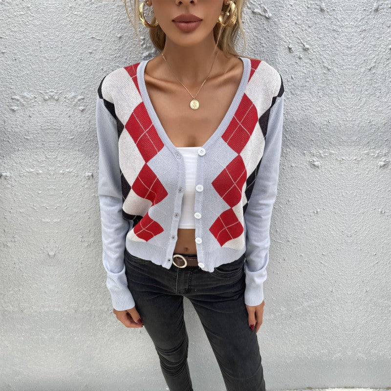 Damen Leichter Kurzcardigan mit Rautenmuster, V-Ausschnitt und Knopfleiste Drune