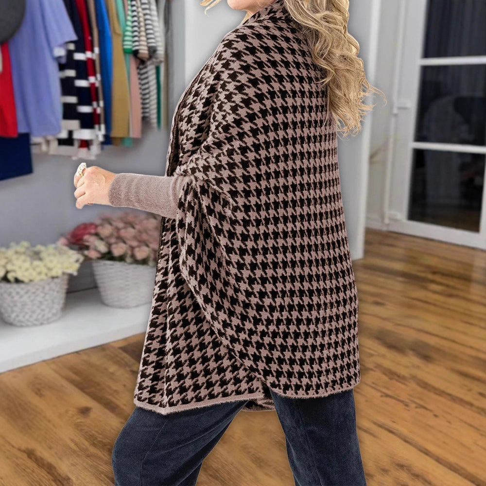 Damen Oversized Poncho mit Hahnentritt-Muster und offenem Schalkragen Drune
