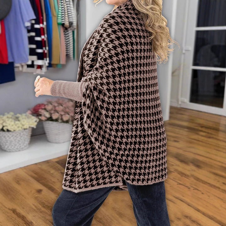 Damen Oversized Poncho mit Hahnentritt-Muster und offenem Schalkragen Drune