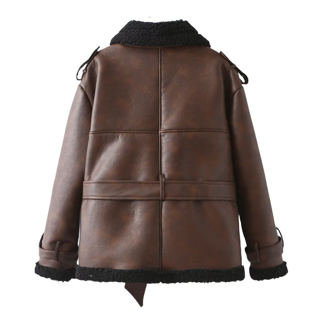 Damen Taillierter Aviator-Mantel aus Kunstleder mit Teddyfutter und Bindegürtel Drune