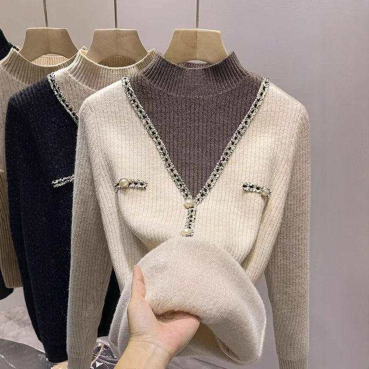 Damen modischer V-Pullover mit Schimmer-Details und Knöpfen Drune