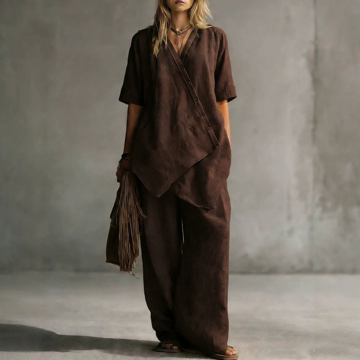 Damen Leinen-Zweiteiler mit asymmetrischer Knopfleiste und weiter Palazzo-Hose Drune