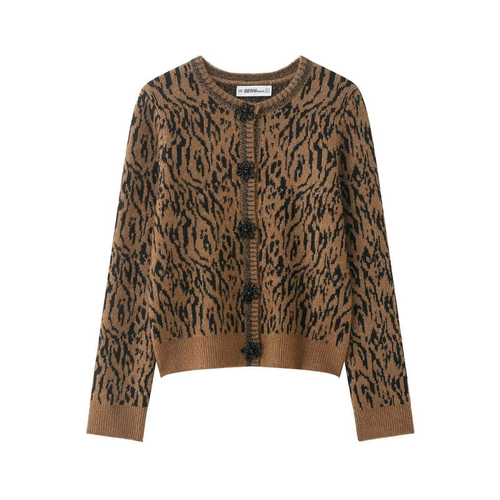 Damen nan kurzgeschnittene Jacquard-Strickjacke mit Zierperlenknöpfen Drune