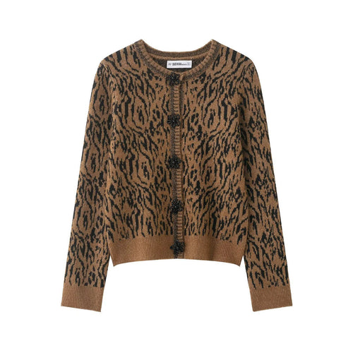 Damen nan kurzgeschnittene Jacquard-Strickjacke mit Zierperlenknöpfen Drune