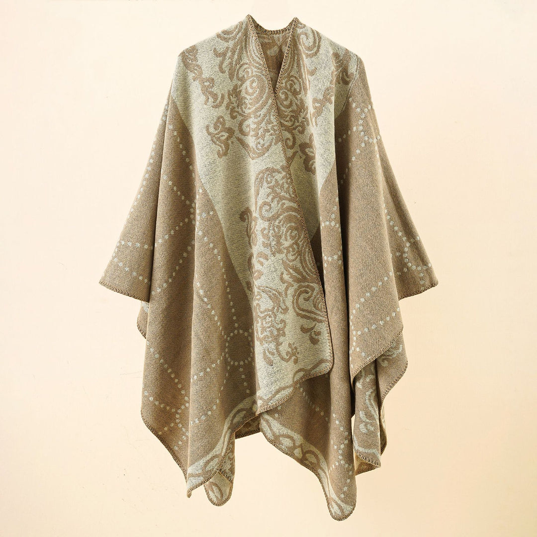 Damen Jacquard-Ruana im Umhangstil mit kontrastierender Kettelsaum Drune