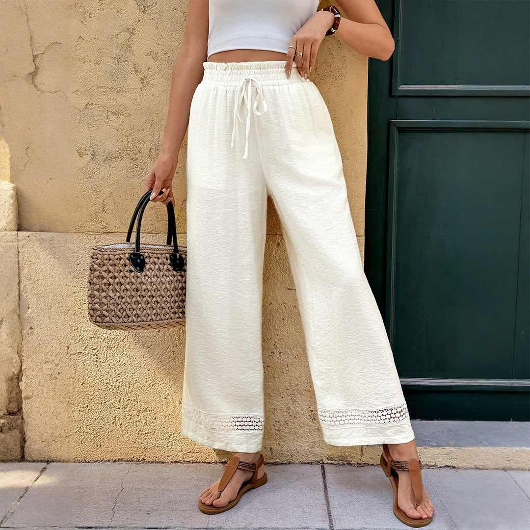 Damen Luftige Palazzo-Hose mit Taillenkordel und Spitze Drune