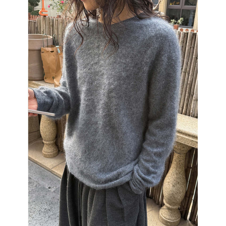 Damen Weicher Fluffy-Strickpullover mit feinem Rundhalsausschnitt und geripptem Saum Drune