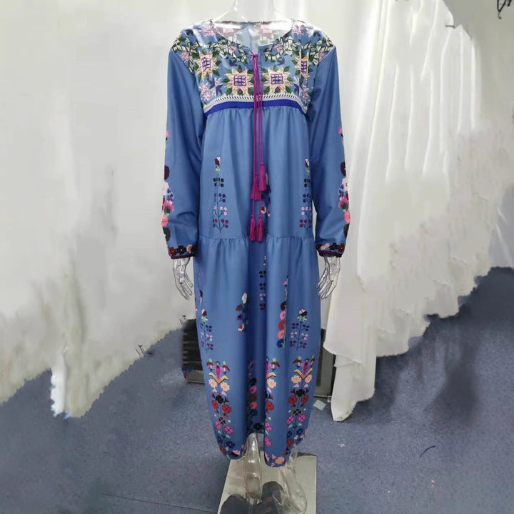 Damen nan besticktes Maxikleid mit langen Ärmeln, Quastenverschluss und folkloristischer Stickerei Drune