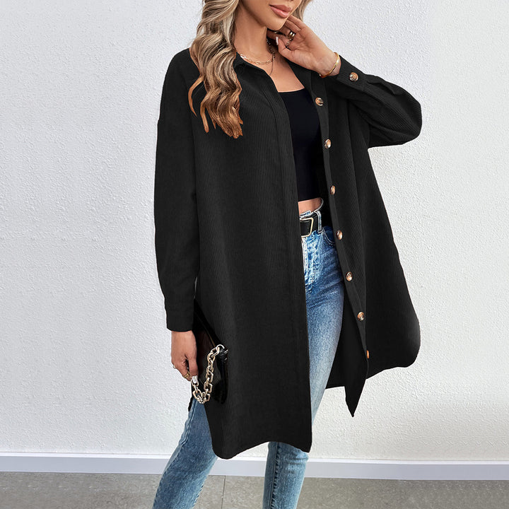 Damen lange Oversize-Cord-Hemdjacke mit durchgehender Knopfleiste und Hemdblusen-Kragen Drune