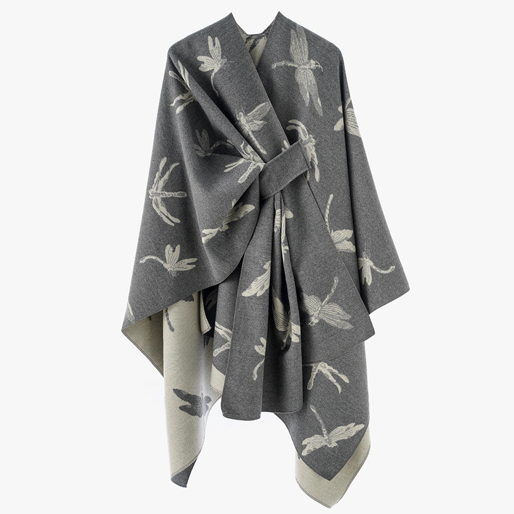 Damen Reversibler Jacquard‑Capeponcho mit feinem Insekten‑Jacquard und Bindeschlitz Drune