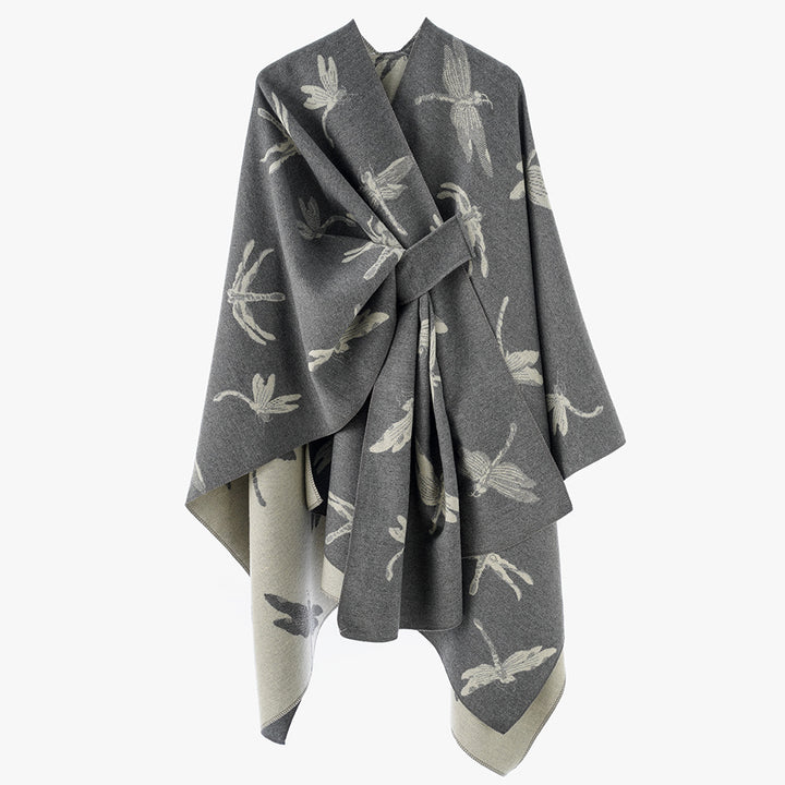 Damen Reversibler Jacquard‑Capeponcho mit feinem Insekten‑Jacquard und Bindeschlitz Drune